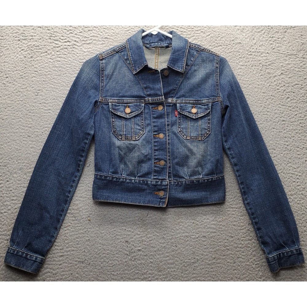 Vintage 90's Levi's Full Zip Cropped Jean Jacket Womens XS Blue Denim Red Tab